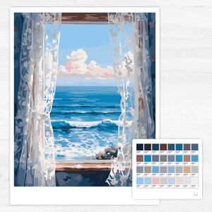 ocean view window scenery beach waves blue sky nature interior seaside curtains landscape serene