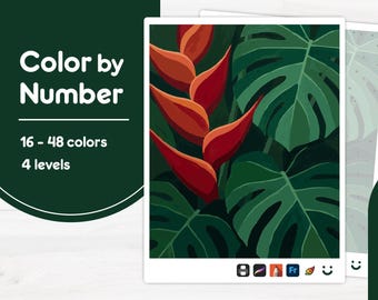 Colorful Tropical Flowers - Color by Number - Digital & Printable - 4 Levels