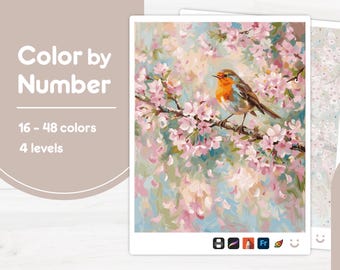 Bird in Cherry Blossoms - Color by Number - Digital & Printable - 4 Levels