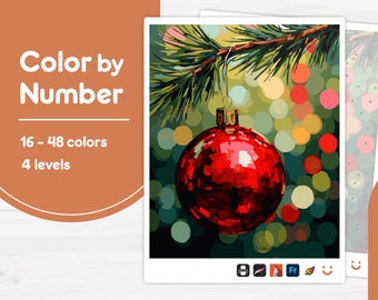Red Christmas Ornament - Color by Number - Digital & Printable - 4 Levels