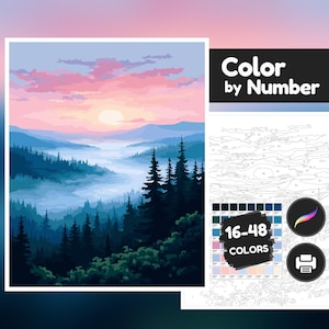 May include: A paint-by-number kit featuring a landscape scene with a sunset over a mountain range. The kit includes a canvas, paint colors, and instructions. The text on the kit reads "Color by Number" and "16-48 Colors."
