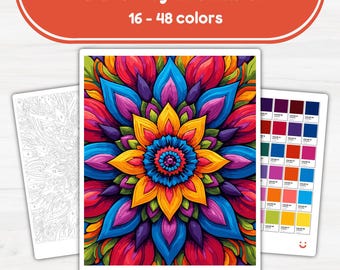 May include: A vibrant color-by-number kit featuring a detailed floral mandala design. The kit includes a pre-printed canvas, a color palette with 16-48 colors, and a reference sheet. The image showcases the finished artwork with a bright, colorful palette.