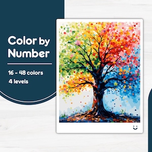 May include: A colorful "Color by Number" art print featuring a tree with a dark brown trunk and branches. The leaves are composed of dots in shades of green, yellow, orange, red, and blue. The text on the left reads "Color by Number", "16 - 48 colors", and "4 levels".