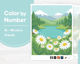 Mountain Lake View - Color by Number - Digital & Printable - 4 Levels