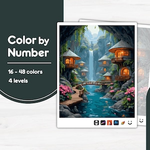 May include: A color-by-number painting kit featuring a fantasy landscape with a waterfall, quaint houses, and a bridge over a river. The image includes the text "Color by Number", "16 - 48 colors", and "4 levels". The artwork is vibrant with pink flowers and warm-toned house lights.
