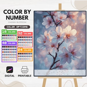 桜の塗り絵、数字で塗る、デジタル、プロクリエイト、印刷可能、大人、子供、男性と女性へのギフト、PNG、SVG、PDF