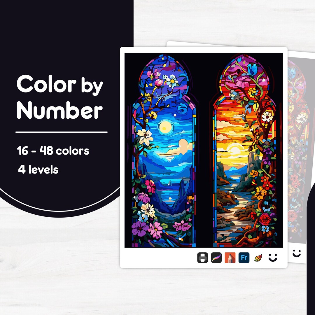 Stained Glass Color Code Stained Glass Windows - Color by Number - Digital & Printable - 4 ...