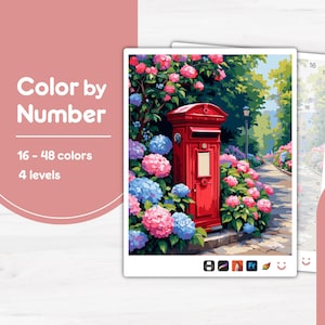 May include: A paint-by-number kit featuring a vibrant illustration of a red mailbox surrounded by pink and blue hydrangeas. The kit includes 16-48 colors and 4 levels. The image has a soft, artistic style, with a focus on the colorful flowers and the iconic mailbox.