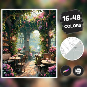 May include: A paint-by-numbers kit featuring a romantic cafe scene with tables, chairs, and lush floral arrangements. The image includes the text "16-48 COLORS" and a color guide. The scene is filled with pink and green foliage, creating a serene atmosphere.