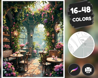Rose Cafe Color by Number Pages, Paint by Number, Digital, Procreate, Printable, Gift For Adult, Kid, Him and Her, PNG, SVG, PDF