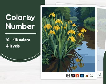 Yellow Irises by Water - Color by Number - Digital & Printable - 4 Levels