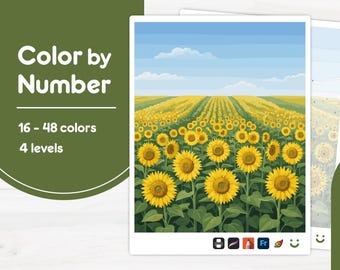 Sunflower Field View - Color by Number - Digital & Printable - 4 Levels