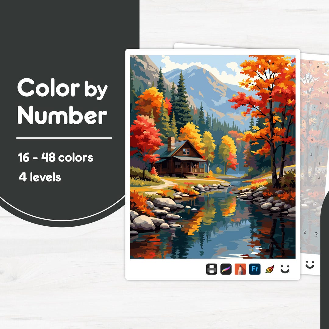 Autumn Cabin Near River - Color by Number - Digital & Printable - 4 ...