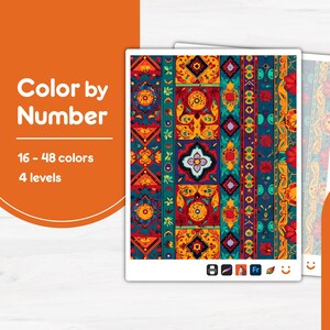 May include: A color-by-number art print with a detailed, colorful pattern in shades of teal, red, yellow, and orange. The design features geometric and floral elements. The text on the image reads "Color by Number", "16 - 48 colors", and "4 levels".