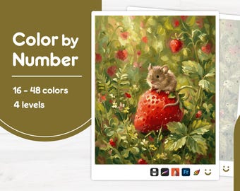 Mouse on Strawberry - Color by Number - Digital & Printable - 4 Levels