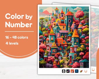 Colorful Fantasy Village Color by Number PBN for Procreate, Sketchbook, Prints, Easy/Advanced, Kid/Adult