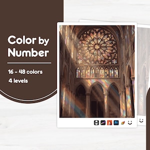 Pode incluir: Uma folha de atividades de colorir por números com uma ilustração detalhada do interior de uma catedral com uma grande rosácea. O texto diz Color by Number, 16 - 48 colors e 4 levels. A imagem mostra arcos de pedra e luz a entrar.