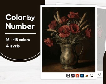Red Poppy Flowers - Color by Number - Digital & Printable - 4 Levels
