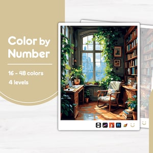 May include: A paint-by-number kit featuring a cozy room scene with a window overlooking a cityscape. The kit includes 16-48 colors and 4 levels. The image shows a desk, armchair, and bookshelves, surrounded by plants. The text "Color by Number" is displayed.