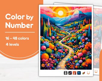 Vibrant Floral Landscape Color by Number PBN for Procreate, Sketchbook, Prints, Easy/Advanced, Kid/Adult