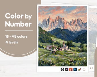 Mountain Village View - Color by Number - Digital & Printable - 4 Levels