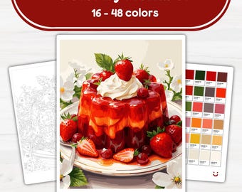 May include: A paint-by-number kit featuring a vibrant illustration of a strawberry dessert with whipped cream. The kit includes a color palette and a numbered outline. The text at the top reads "Color by Number" and "16 - 48 colors."