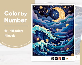 Waves Under Moonlight - kleuren op nummer - digitaal en afdrukbaar - 4 niveaus