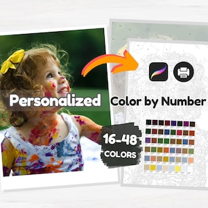 Peut inclure: Un kit "Coloriage par Numéro Personnalisé" avec une photo d'un enfant couvert de peinture. Le kit comprend une palette de couleurs avec 16 à 48 couleurs et un motif imprimé. L'image montre également une icône d'application d'art numérique et une icône d'imprimante.