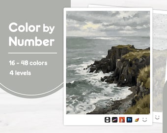 Ocean Waves on Rocks - Color by Number - Digital & Printable - 4 Levels