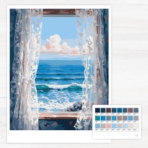 ocean view window scenery beach waves blue sky nature interior seaside curtains landscape serene