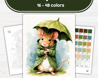 Mouse with Green Umbrella - Color by Number - Digital & Printable - 4 Levels