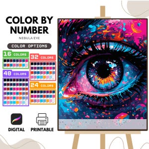 Könnte beinhalten: Malen nach Zahlen-Set mit einer Nahaufnahme eines farbenfrohen Auges mit einem Nebel-Design. Das Set enthält 16, 24, 32 und 48 Farboptionen. Das Bild ist mit "Color by Number" und "Nebula Eye" beschriftet.