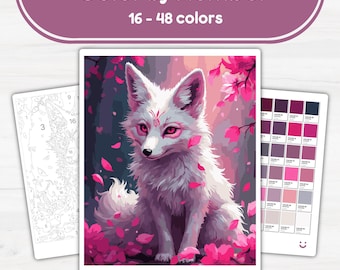 May include: A 'Color by Number' kit showing a white fox with pink eyes and accents, set amongst pink blossoms. The kit includes a numbered outline, a colour palette, and the text "Color by Number 16 - 48 colours."