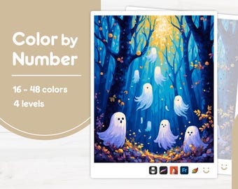 Cute Ghosts in Forest - Color by Number - Digital & Printable - 4 Levels