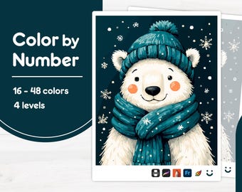 Cute Polar Bear - Color by Number - Digital & Printable - 4 Levels