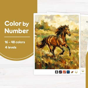 May include: A color by number kit featuring a painting of a brown horse galloping through a field. The text reads Color by Number, 16 - 48 colors, and 4 levels. The kit includes a numbered canvas guide with various shades of brown, green, and yellow.