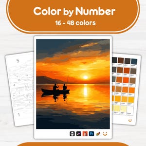Pode incluir: Kit de pintura por números com uma cena de pôr do sol, um barco na água e uma paleta de cores. O kit inclui uma tela numerada e um guia de referência. O texto na parte superior diz "Color by Number" e "16 - 48 cores".