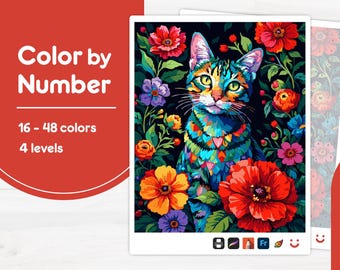 Cat Surrounded by Flowers - Color by Number - Digital & Printable - 4 Levels