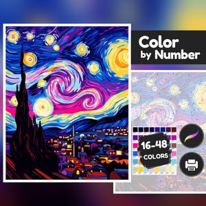 May include: Color by number painting kit featuring a starry night scene with a swirling sky in shades of blue, purple, pink, and yellow. The painting depicts a town with a tall church steeple and a bright moon. The kit includes 16-48 colors.