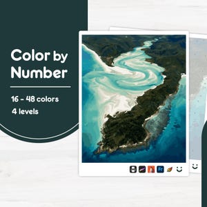 May include: A Color by Number kit featuring an aerial view of a winding turquoise river meeting a dark green coastline. The text reads Color by Number, 16 - 48 colors, and 4 levels. Small icons of a palette, brush, and leaf are visible at the bottom.