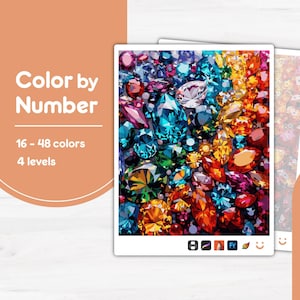 Può includere: Un kit di pittura numerata con un design colorato di pietre preziose. L'immagine mostra una varietà di gemme dai toni gioiello nelle tonalità del blu, verde, arancione e viola. Il kit offre 16-48 colori e 4 livelli di difficoltà.