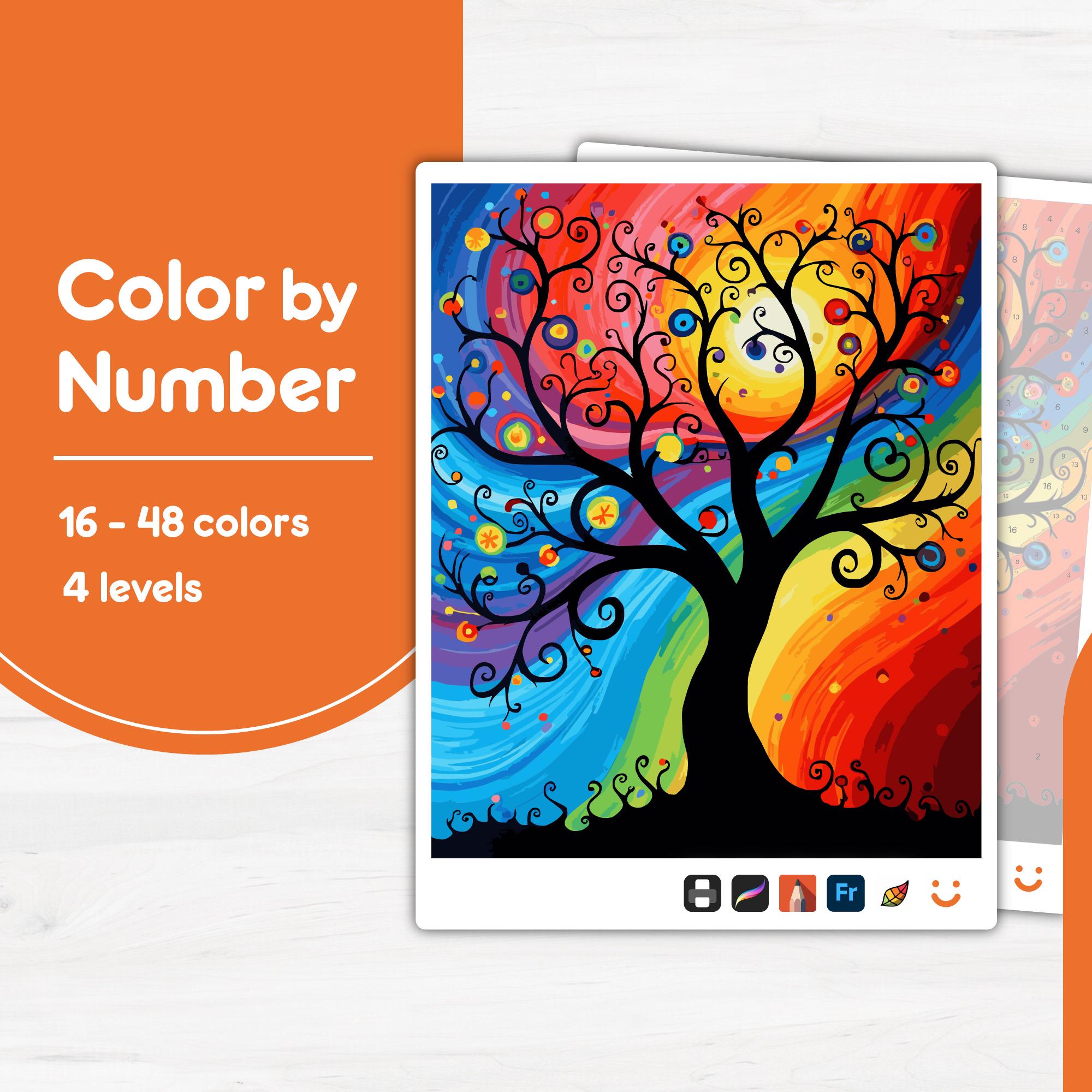 Árbol con remolinos colorido por números | PBN imprimible y digital para Procreate, SVG, PDF