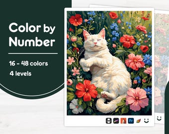 White Cat Among Flowers - Color by Number - Digital & Printable - 4 Levels