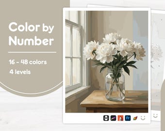 White Flowers in Jar - Color by Number - Digital & Printable - 4 Levels