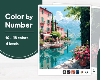 Lakeside Colorful Houses - Color by Number - Digital & Printable - 4 Levels
