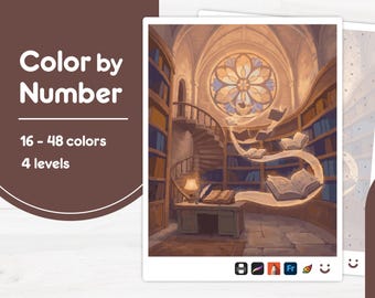 Magical Library Scene - Color by Number - Digital & Printable - 4 Levels