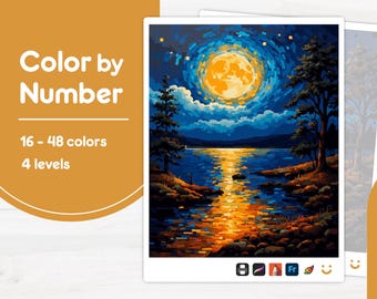 Moonlit Lake View - Color by Number - Digital & Printable - 4 Levels