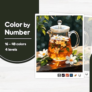 Op de afbeelding: Een kleur-op-nummer schilderijset met een doorzichtige glazen theepot gevuld met thee en witte bloemen. De afbeelding bevat de tekst "Color by Number", "16 - 48 kleuren" en "4 niveaus". De theepot staat op een houten oppervlak met groen gebladerte op de achtergrond.