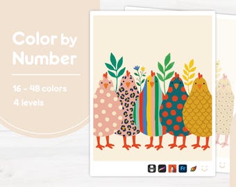 Colorful Cartoon Chickens - Color by Number - Digital & Printable - 4 Levels