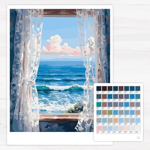 ocean view window scenery beach waves blue sky nature interior seaside curtains landscape serene
